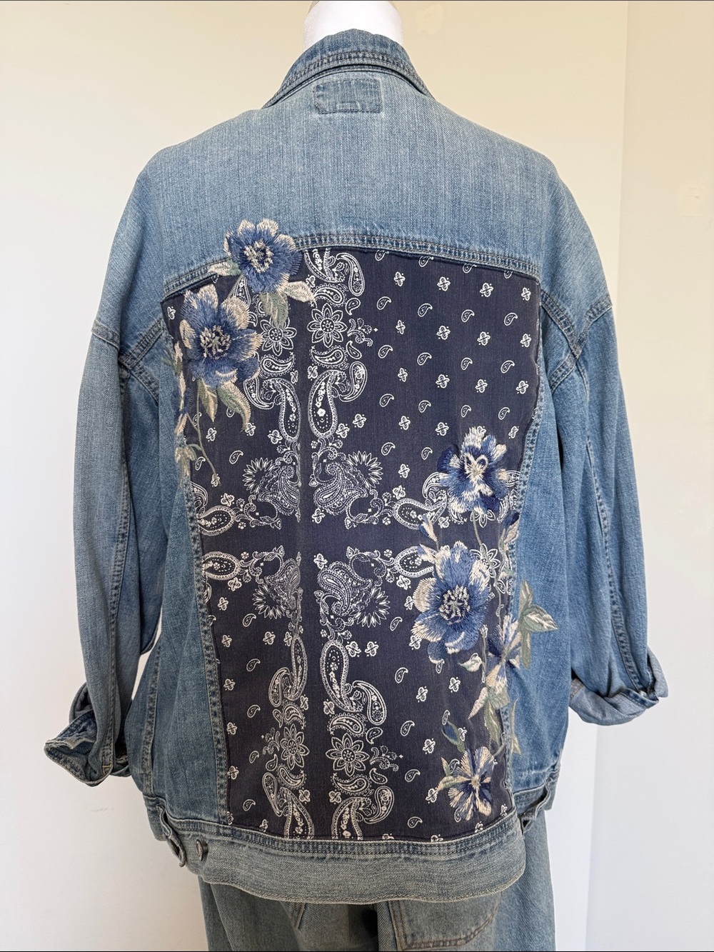 American Eagle Denim Jacket with Navy Floral Bandana Back Panel
